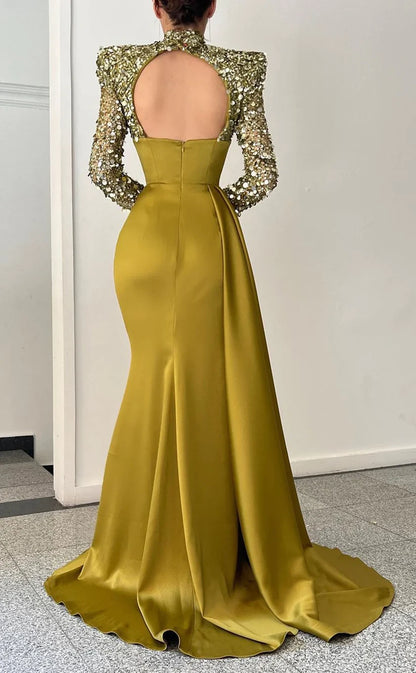 RP1476-Sparkling Olive Mermaid High Neck Sequins Long Sleeves Satin Prom Evening Dresses Formal Party Gowns With Slit