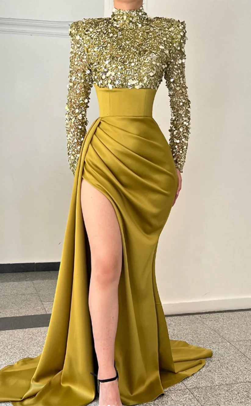 RP1476-Sparkling Olive Mermaid High Neck Sequins Long Sleeves Satin Prom Evening Dresses Formal Party Gowns With Slit