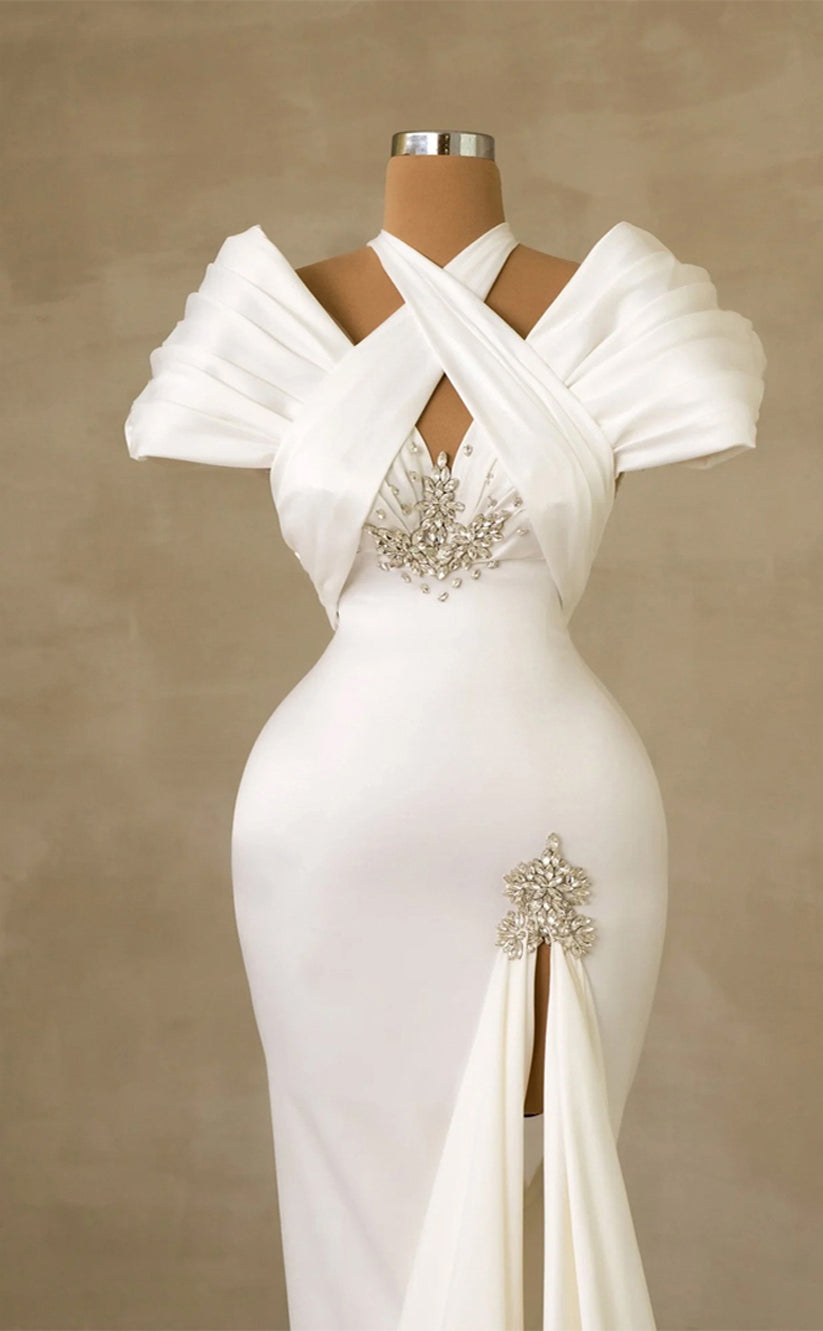 RP259-White Mermaid Halter Beads Crystals Long Sleeves Prom Evening Dresses Formal Party Gowns With Pleated