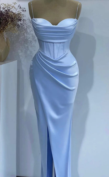 RP441-Elegant Sky Blue Mermaid Spaghetti Ruched Sleeveless Long Prom Evening Dresses Formal Party Gowns With Side Slit