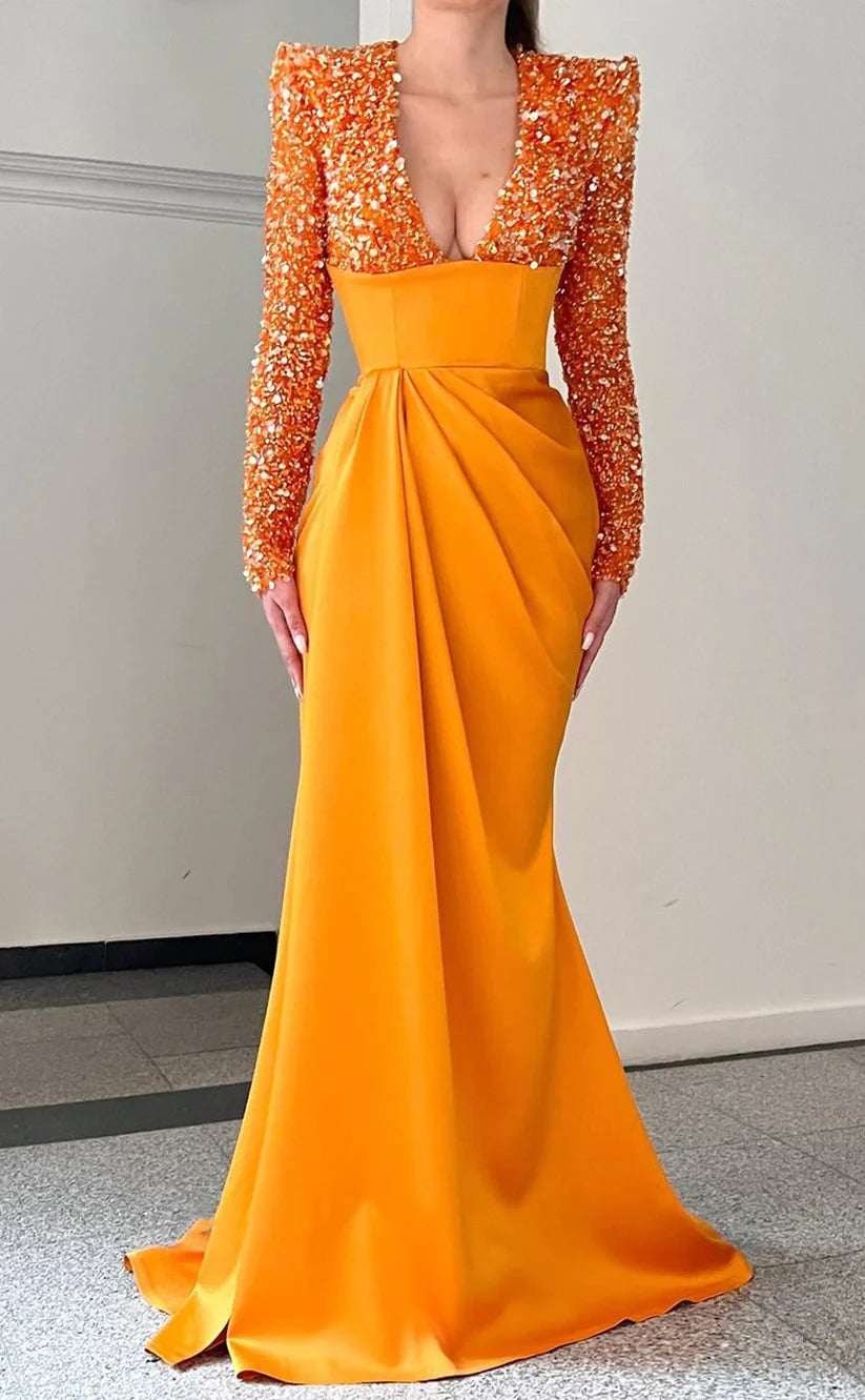 RP1477-Charming Orange Mermaid V-Neck Sequins Long Sleeves Satin Prom Evening Dresses Formal Party Gowns With Slit