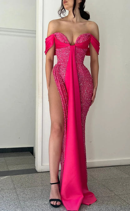 RP1478-Sparkling Fuchsia Mermaid Off-the-Shoulder Sequins Cap Sleeves Prom Evening Dresses Formal Party Gowns With Slit