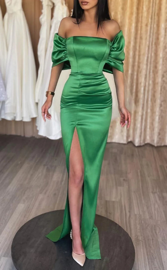 RP1479-Elegant Green Mermaid Off-the-Shoulder Ruched Cap Sleeves Prom Evening Dresses Formal Party Gowns With Slit