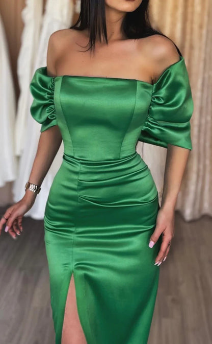 RP1479-Elegant Green Mermaid Off-the-Shoulder Ruched Cap Sleeves Prom Evening Dresses Formal Party Gowns With Slit