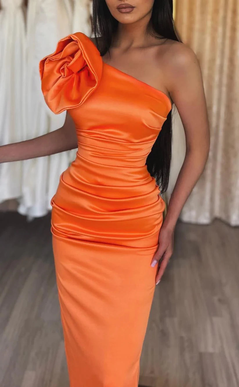 RP1480-Elegant Orange Mermaid One Shoulder Ruched Sleeveless Satin Prom Evening Dresses Formal Party Gowns With Slit