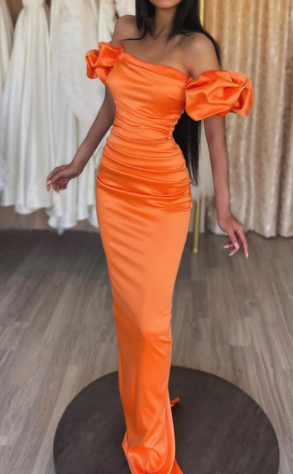 RP1480-Elegant Orange Mermaid One Shoulder Ruched Sleeveless Satin Prom Evening Dresses Formal Party Gowns With Slit