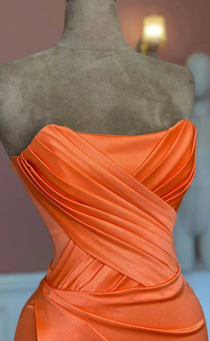 RP1481-Elegant Orange Mermaid Strapless Ruched Sleeveless Satin Prom Evening Dresses Formal Party Gowns With Slit