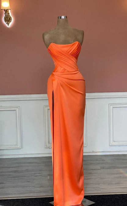 RP1481-Elegant Orange Mermaid Strapless Ruched Sleeveless Satin Prom Evening Dresses Formal Party Gowns With Slit