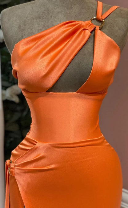 RP1482-Elegant Orange Mermaid One Shoulder Ruched Sleeveless Satin Prom Evening Dresses Formal Party Gowns With Slit