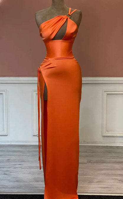 RP1482-Elegant Orange Mermaid One Shoulder Ruched Sleeveless Satin Prom Evening Dresses Formal Party Gowns With Slit