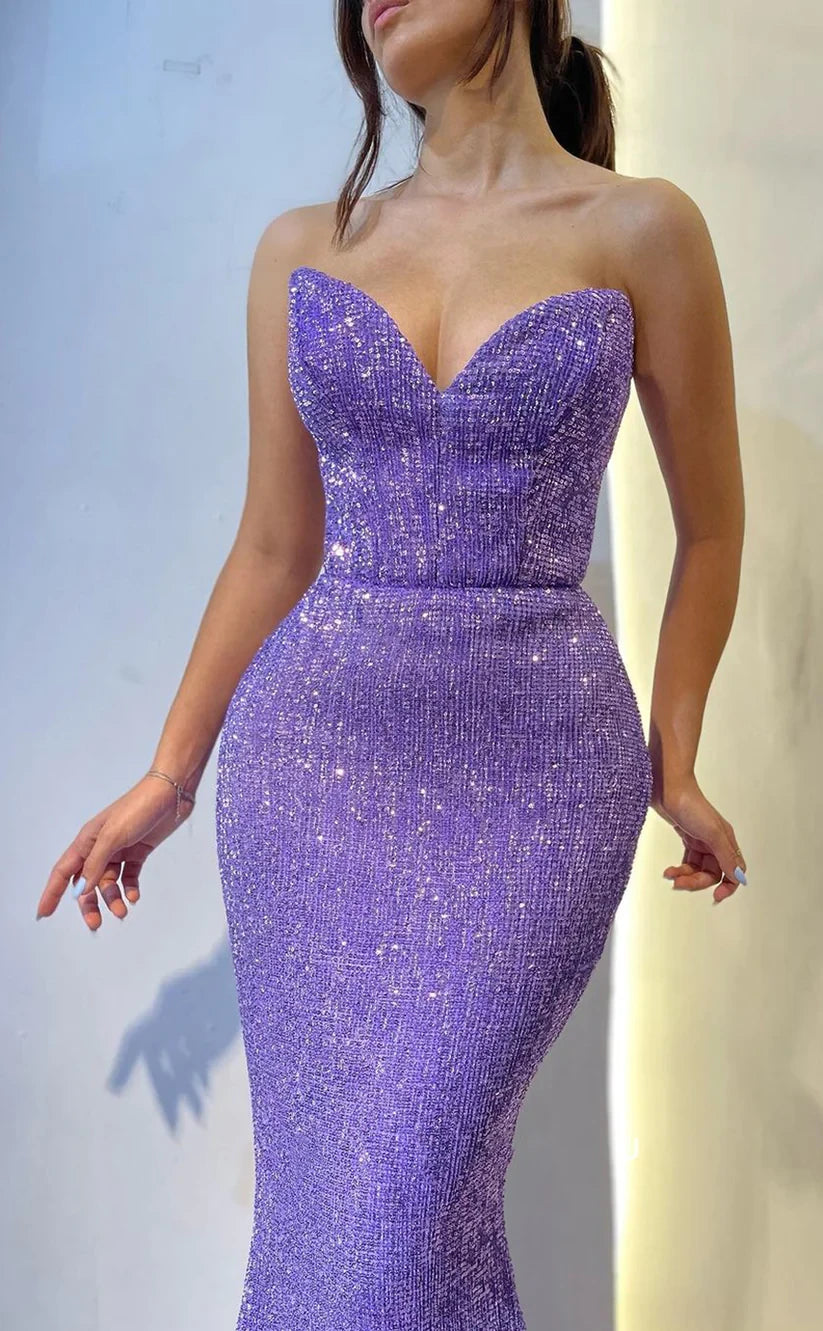 RP1483-Sparkling Purple Mermaid Sweetheart Sequins Sleeveless Prom Evening Dresses Formal Party Gowns With Slit