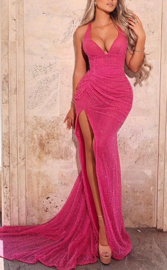 RP1484-Sparkling Pink Mermaid Halter Sequins Sleeveless Prom Evening Dresses Formal Party Gowns With Slit