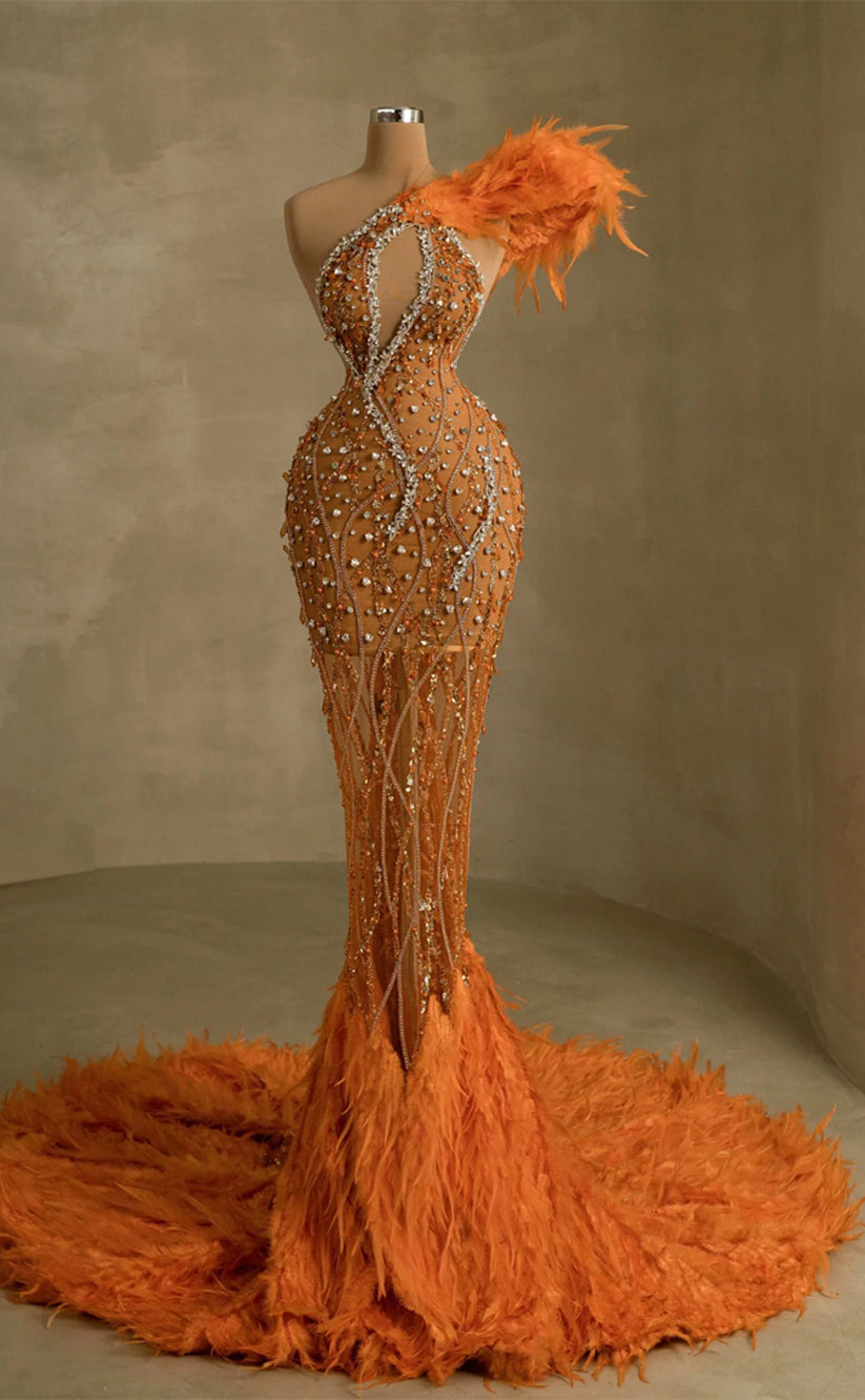 RP248-Orange Trumpet One Shoulder Beads Feather Prom Evening Dresses Formal Party Gowns With Cut-out