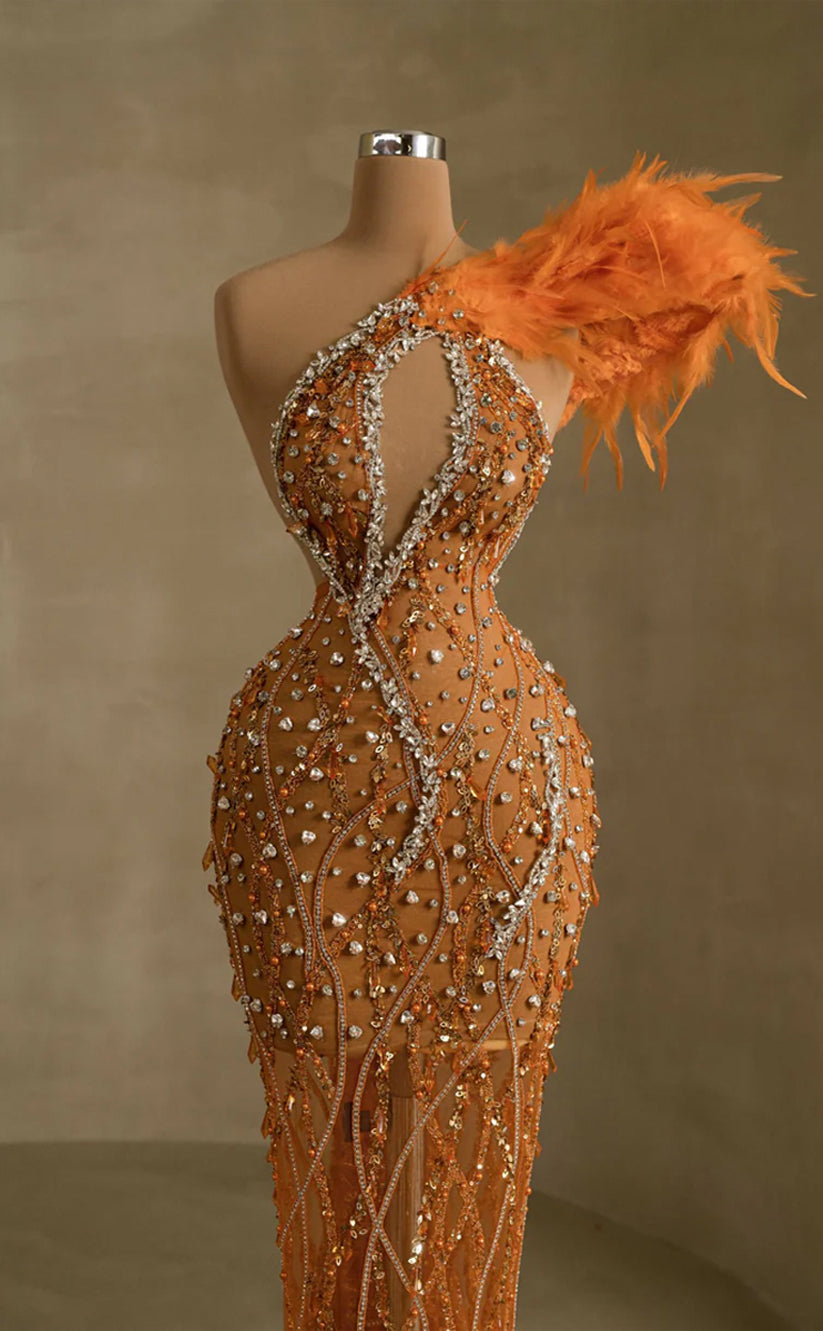 RP248-Orange Trumpet One Shoulder Beads Feather Prom Evening Dresses Formal Party Gowns With Cut-out