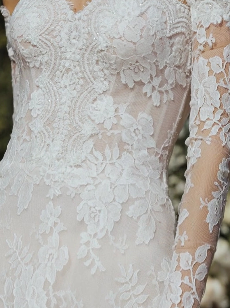 Ivory A-Line Wedding Dresses Sweetheart Appliques Lace Detachable Long Sleeves Lace Court Train Bridal Gowns Custom