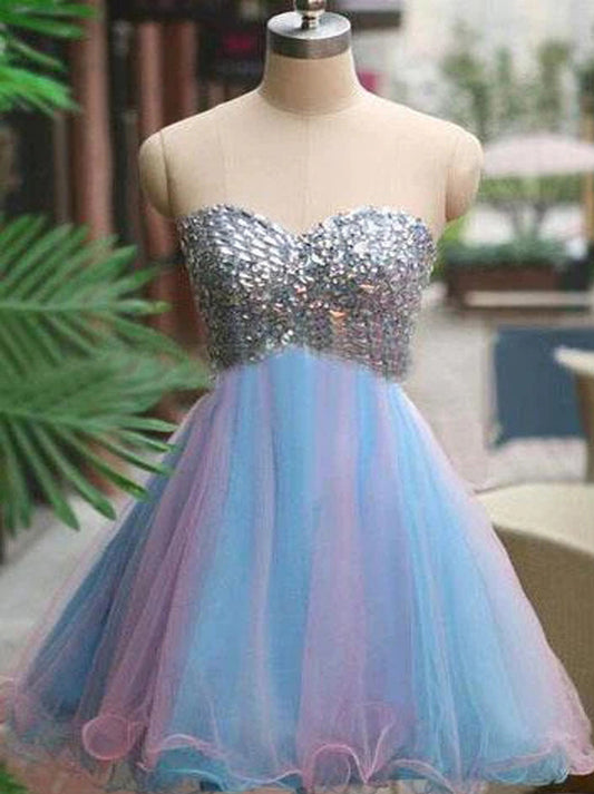 Cute A-Line Sweetheart Beads Crystals Sleeveless Zipper Mini Tulle Homecoming Graduation Dresses Special Occasion Prom Party Gowns Custom