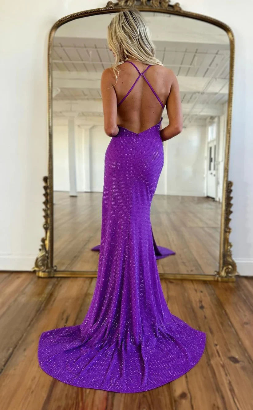 RP1485-Sparkling Purple Mermaid Spaghetti Sequins Sleeveless Prom Evening Dresses Formal Party Gowns With Slit