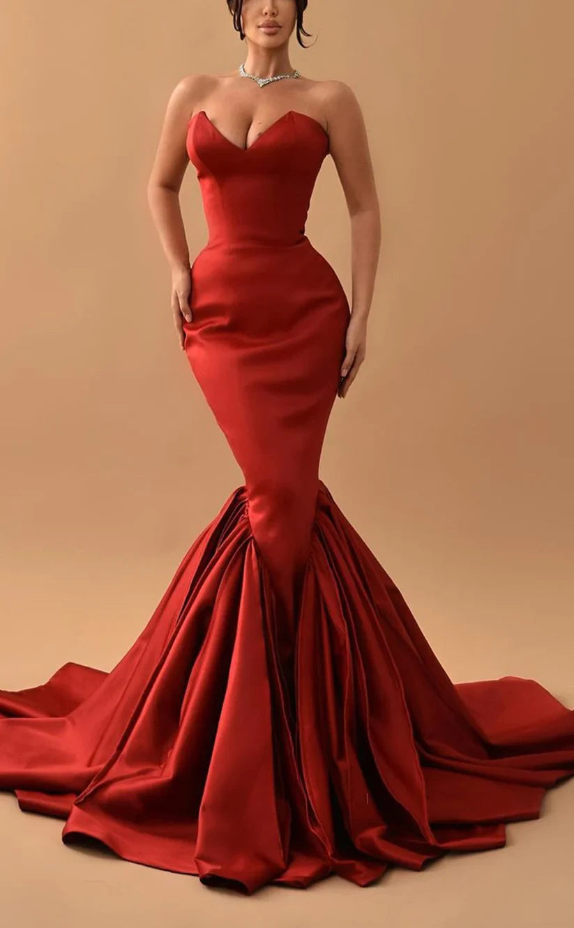 RP1498-Elegant Burgundy Mermaid Sweetheart Ruched Sleeveless Satin Prom Evening Dresses Formal Party Gowns Sweep With Train