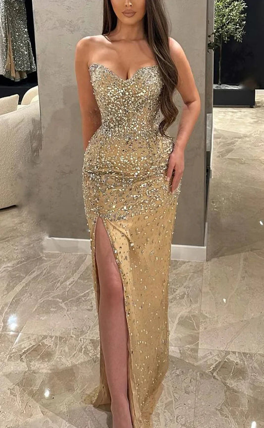 RP1495-Luxury Champagne Mermaid Sweetheart Crystals Sleeveless Prom Evening Dresses Formal Party Gowns With Slit