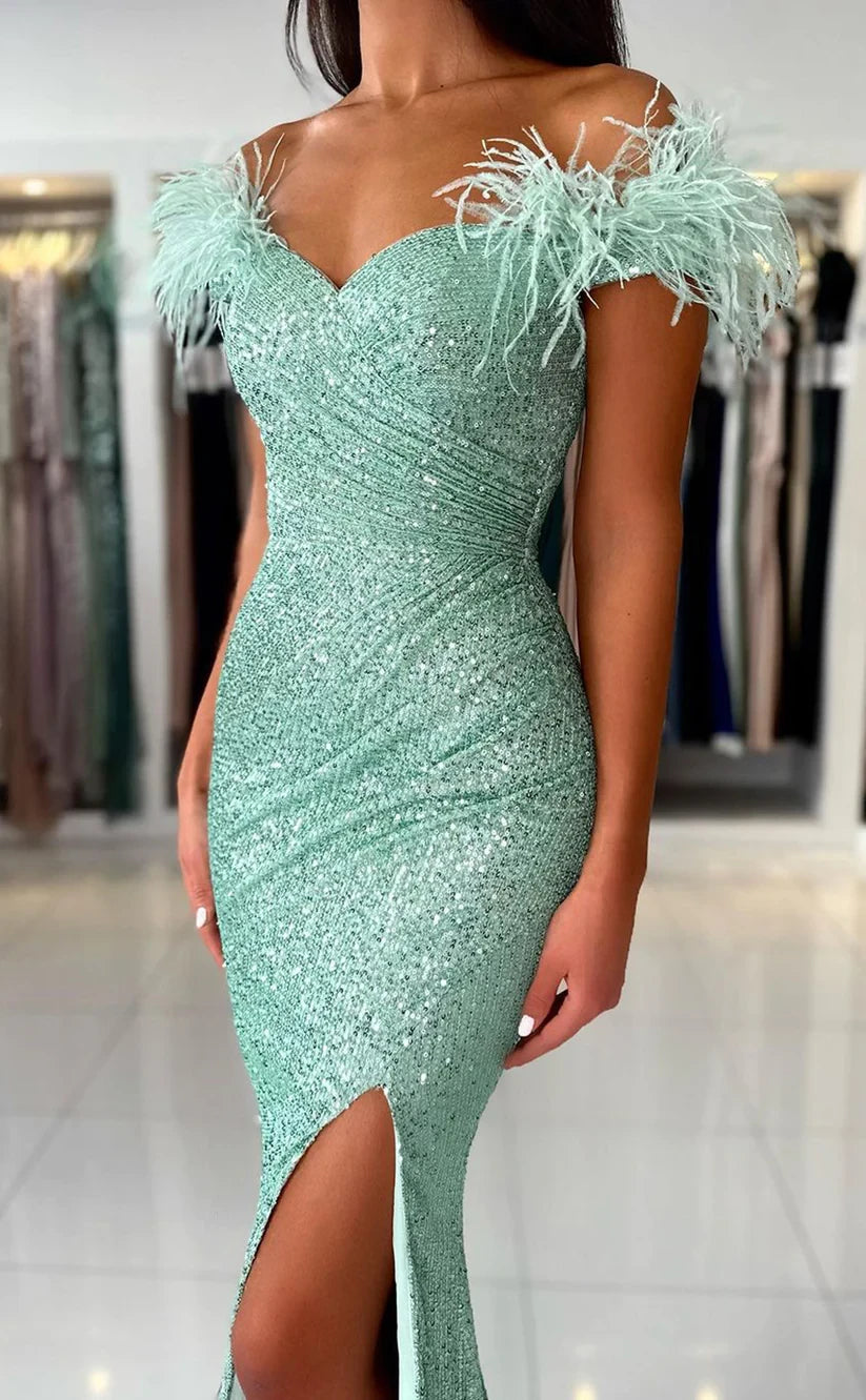 RP1494-Sparkling Green Mermaid Off-the-Shoulder Sequins Feather Cap Sleeves Prom Evening Dresses Formal Party Gowns With Slit