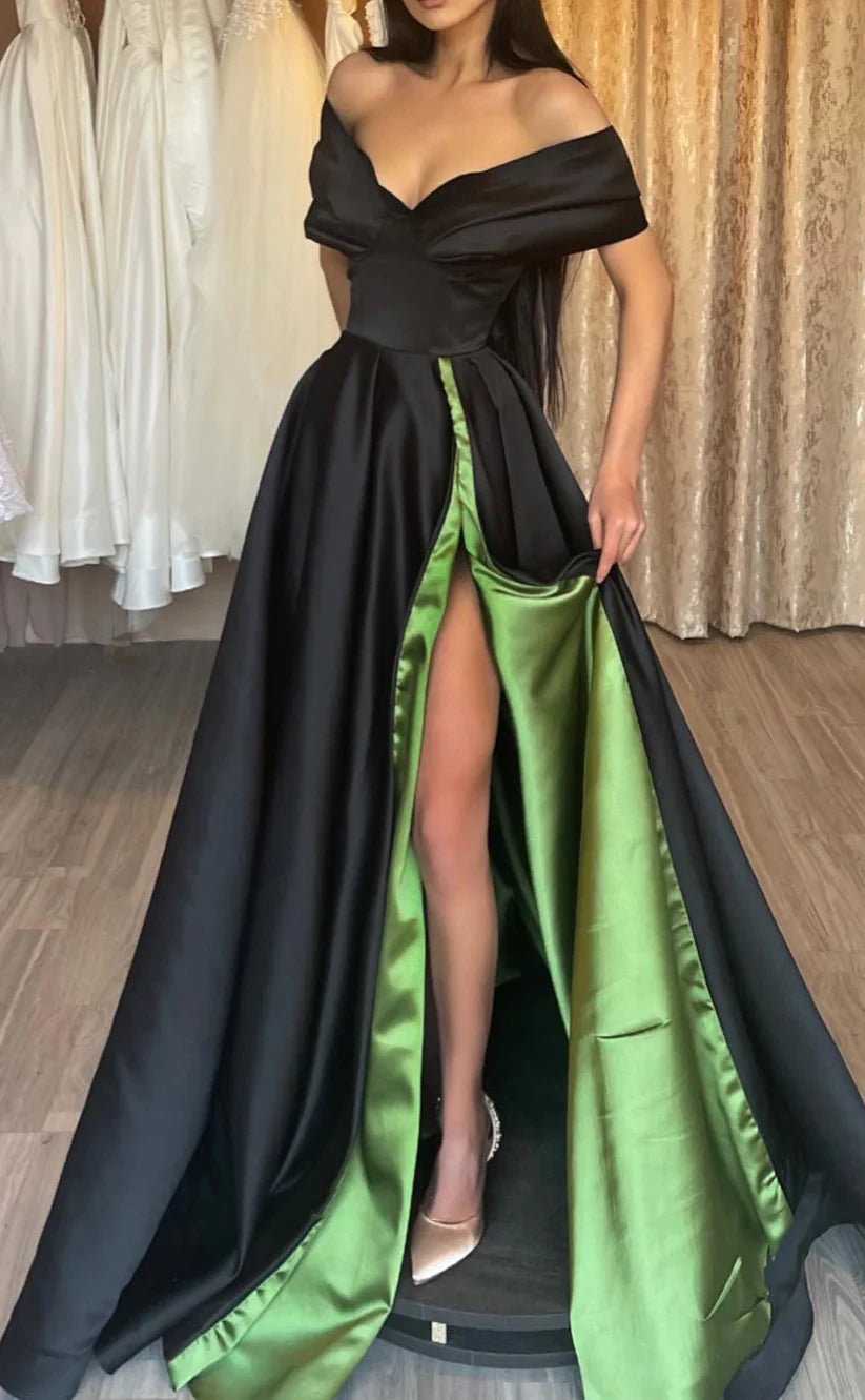 RP1492-Elegant Black  A-Line Off-the-Shoulder Ruched Cap Sleeves Prom Evening Dresses Formal Party Gowns With Slit