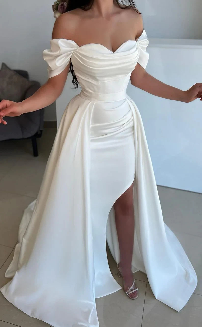 RP1490-Elegant White Mermaid Off-the-Shoulder Ruched Cap Sleeves Prom Evening Dresses Formal Party Gowns With Slit