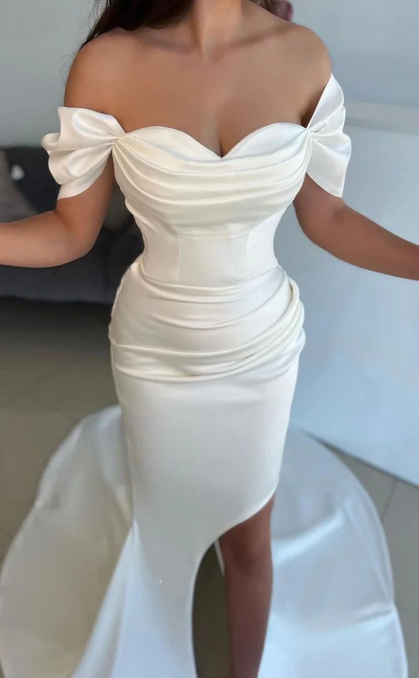 RP1490-Elegant White Mermaid Off-the-Shoulder Ruched Cap Sleeves Prom Evening Dresses Formal Party Gowns With Slit