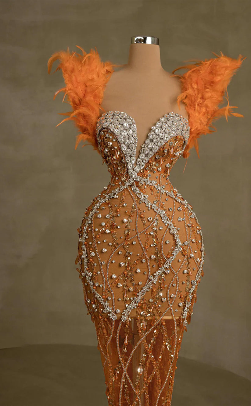 RP249-Orange Trumpet Sweetheart Beads Crystals Feather Prom Evening Dresses Formal Party Gowns With Cap Sleeves