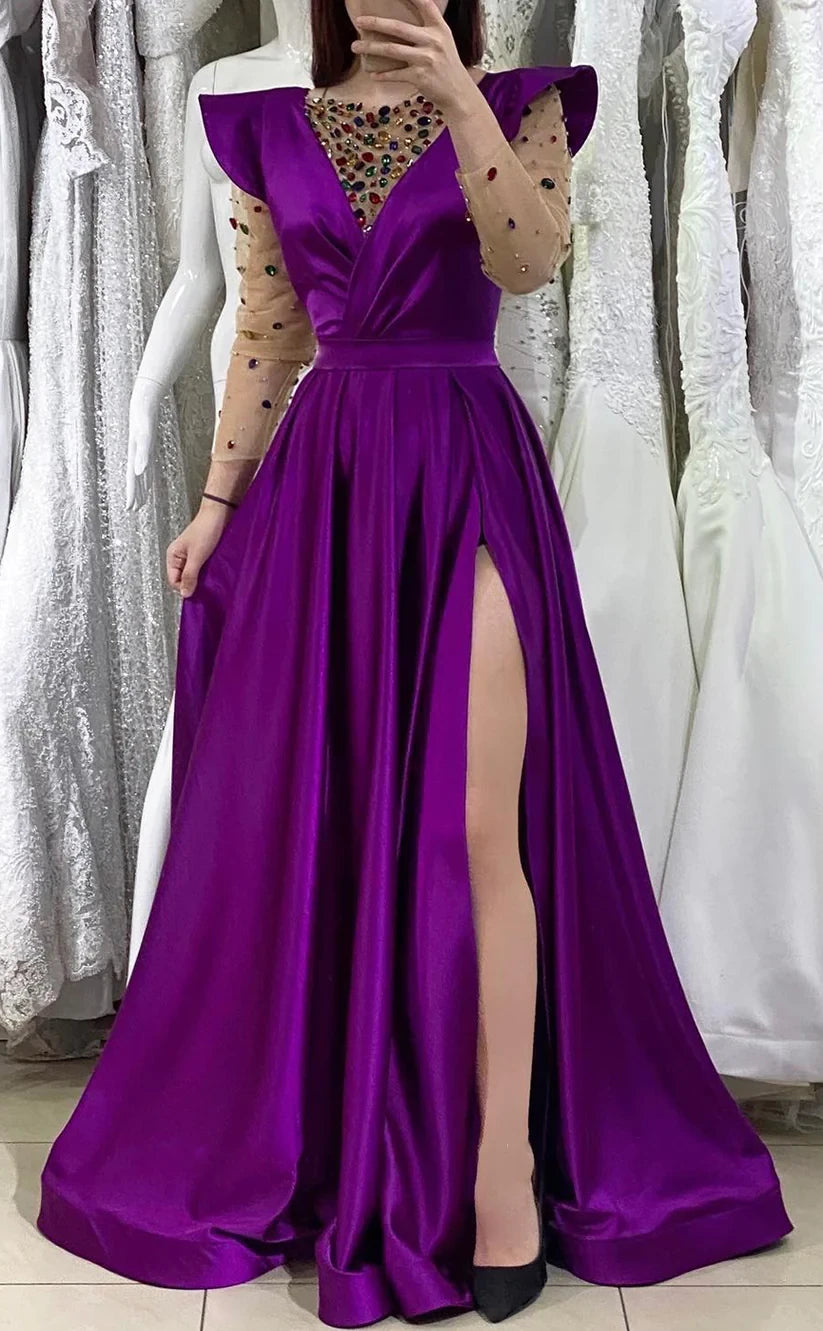 RP442-Charming A-Line Illusion Neck Beads Crystals Long Sleeves Long Prom Evening Dresses Formal Party Gowns