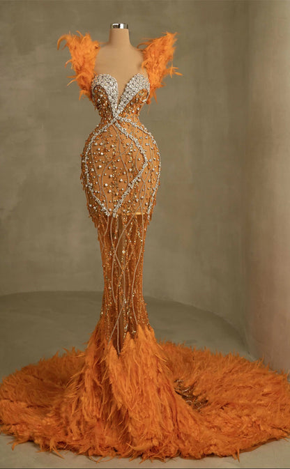 RP249-Orange Trumpet Sweetheart Beads Crystals Feather Prom Evening Dresses Formal Party Gowns With Cap Sleeves