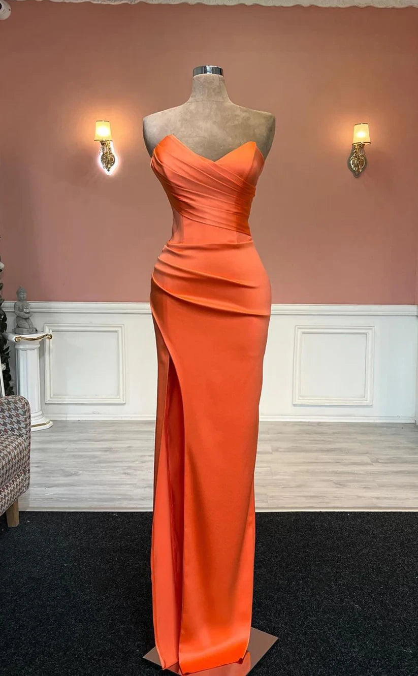 RP1489-Elegant Orange Mermaid Sweetheart Ruched Sleeveless Satin Prom Evening Dresses Formal Party Gowns With Slit