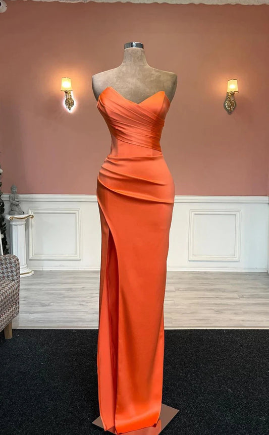 RP1489-Elegant Orange Mermaid Sweetheart Ruched Sleeveless Satin Prom Evening Dresses Formal Party Gowns With Slit