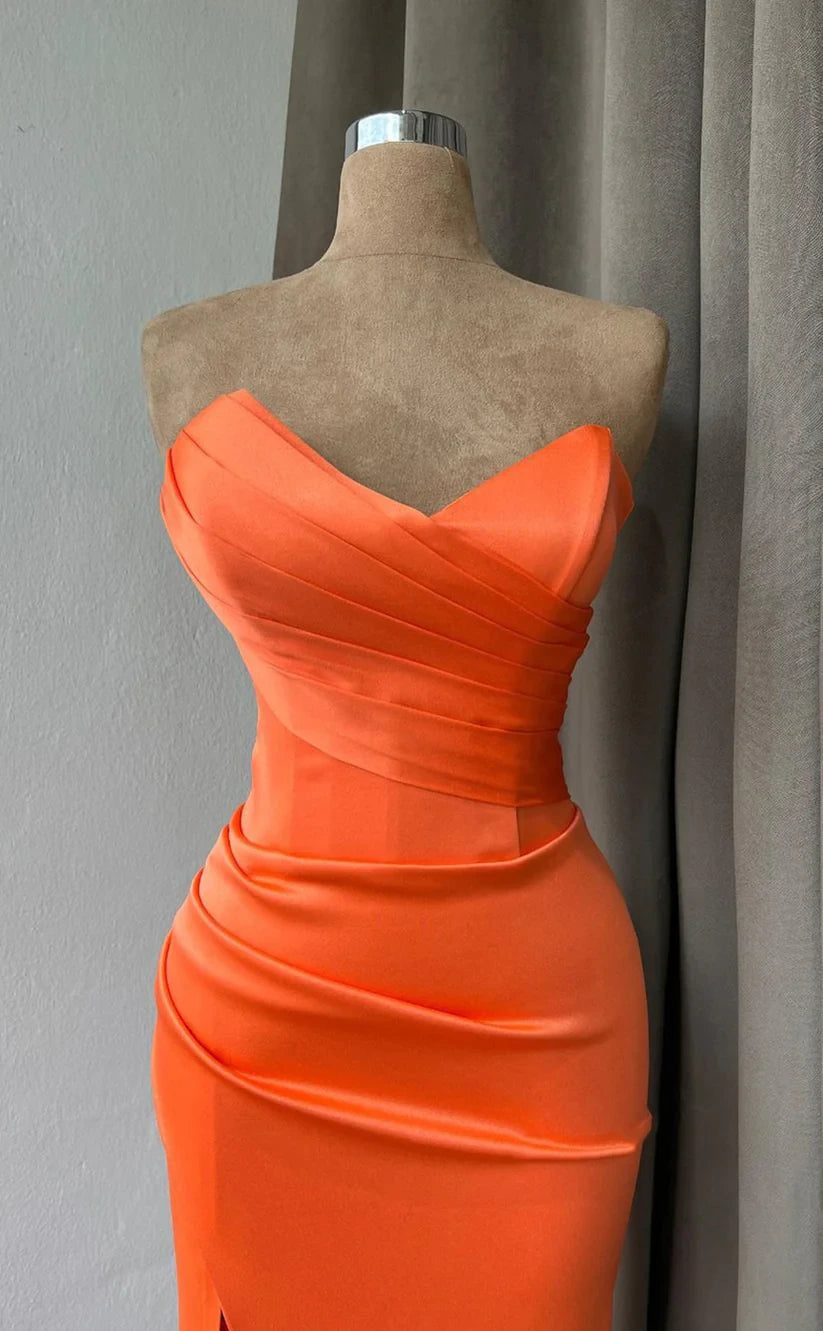 RP1489-Elegant Orange Mermaid Sweetheart Ruched Sleeveless Satin Prom Evening Dresses Formal Party Gowns With Slit