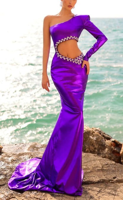 RP1488-Chraming Purple Mermaid One Shoulder Crystals One Long Sleeve Satin Prom Evening Dresses Formal Party Gowns With Train