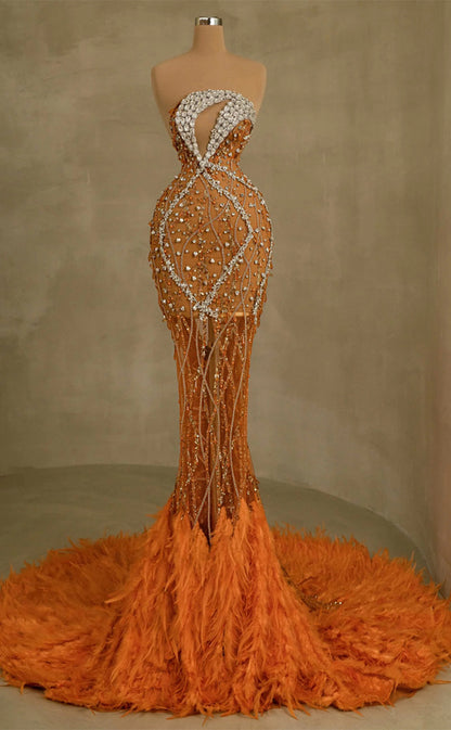 RP250-Orange Trumpet Strapless Beads Crystals Feather Prom Evening Dresses Formal Party Gowns