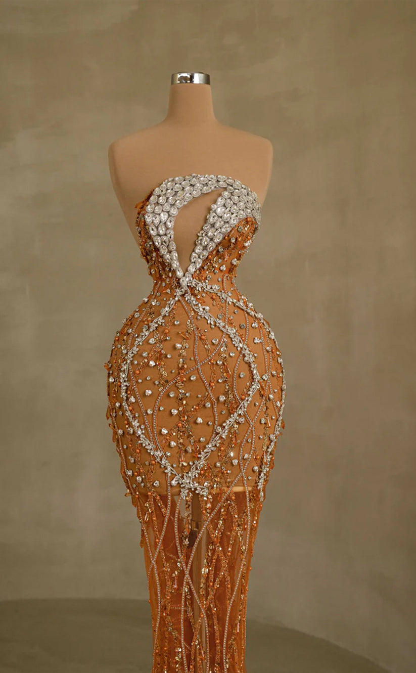 RP250-Orange Trumpet Strapless Beads Crystals Feather Prom Evening Dresses Formal Party Gowns