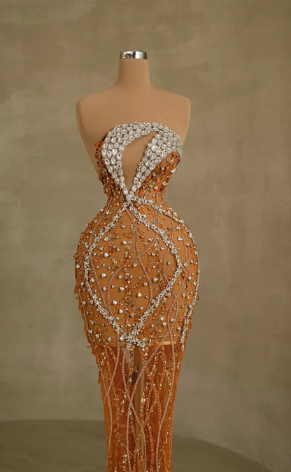 RP250-Orange Trumpet Strapless Beads Crystals Feather Prom Evening Dresses Formal Party Gowns