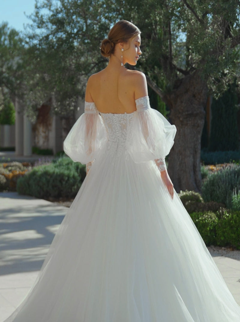 Elegant Ball Gown Wedding Dresses Sweetheart Appliques Detachable Puffy Sleeve Tulle Court Train Bridal Gowns Custom Made