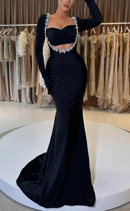 RP974-Unique Black Mermaid Sweetheart Crystals Long Sleeves Prom Evening Dresses Formal Party Gowns With Train