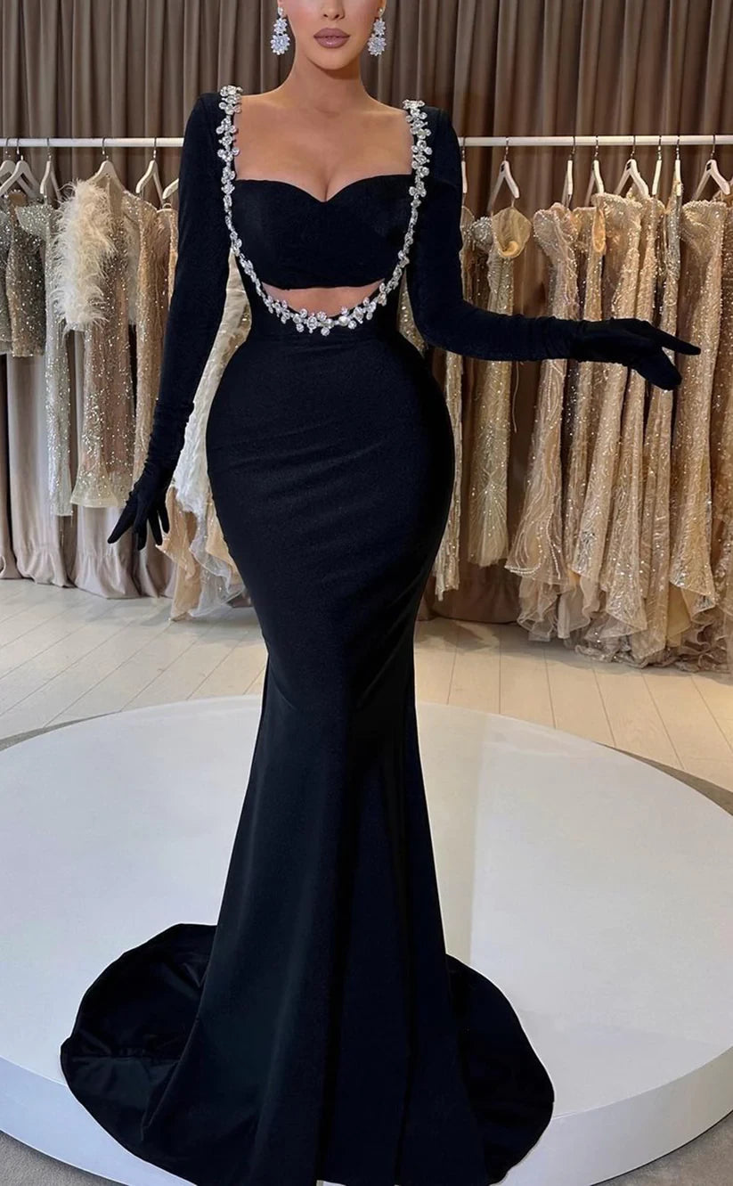 RP974-Unique Black Mermaid Sweetheart Crystals Long Sleeves Prom Evening Dresses Formal Party Gowns With Train