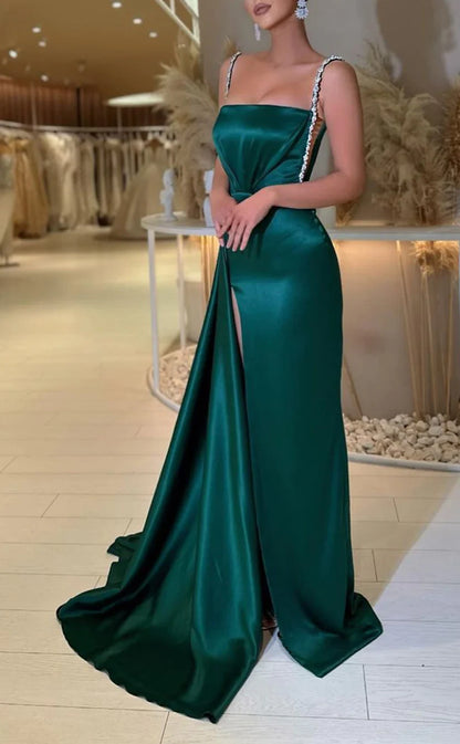 RP1502-Elegant Green Mermaid Spaghetti Beaded Ruched Sleeveless Satin Prom Evening Dresses Formal Party Gowns With Slit