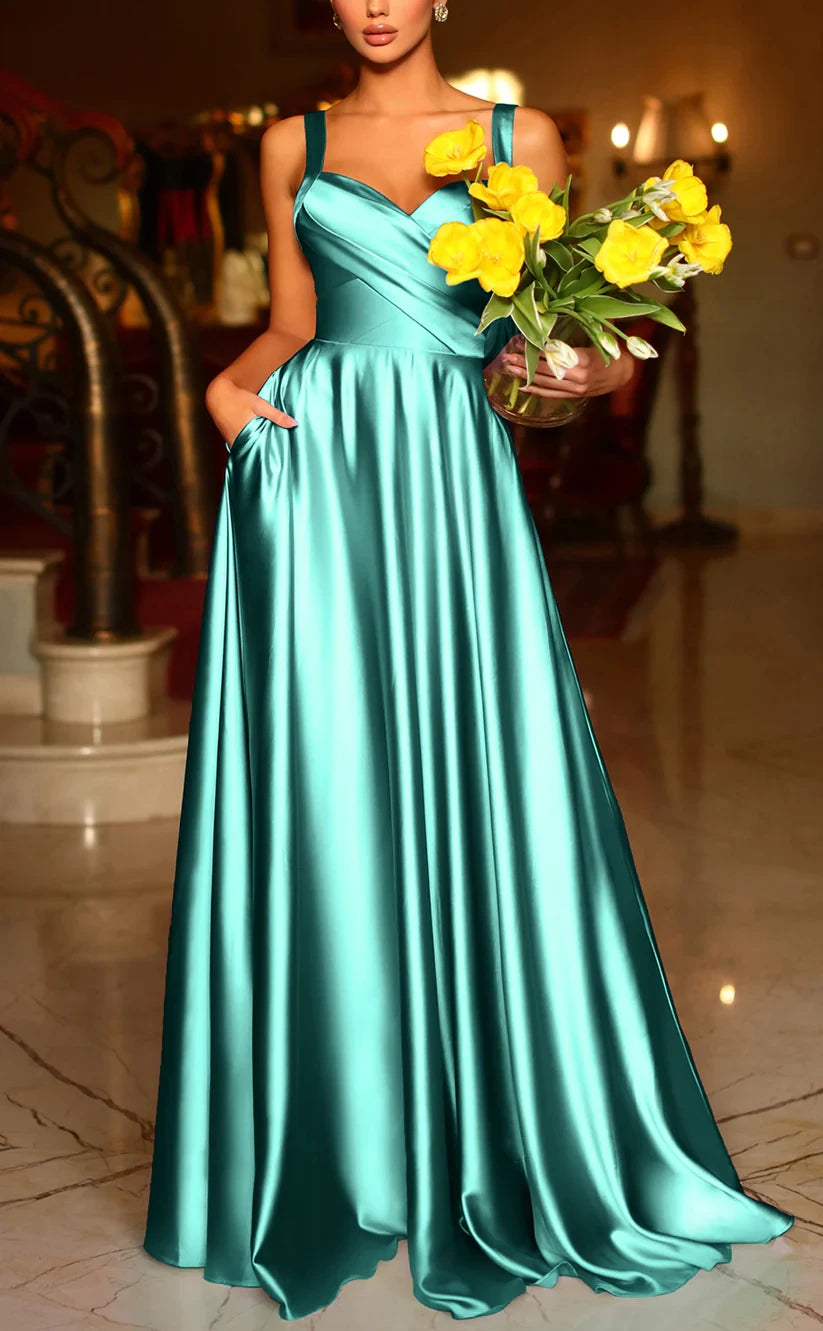 RP1505-Elegant Green A-Line Spaghetti Ruched Sleeveless Satin Prom Evening Dresses Formal Party Gowns