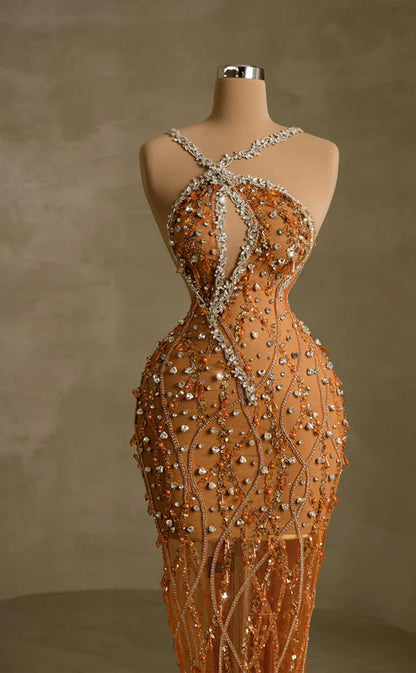 RP251-Orange Trumpet Halter Beads Crystals Feather Prom Evening Dresses Formal Party Gowns