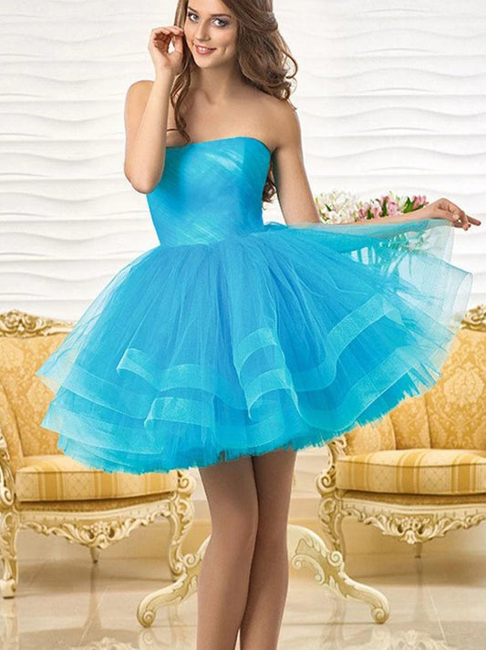 Simple Sky Blue A-Line Strapless Backless Sleeveless Pleated Tulle Mini Homecoming Graduation Dresses Special Party Cocktail Dresses Custom