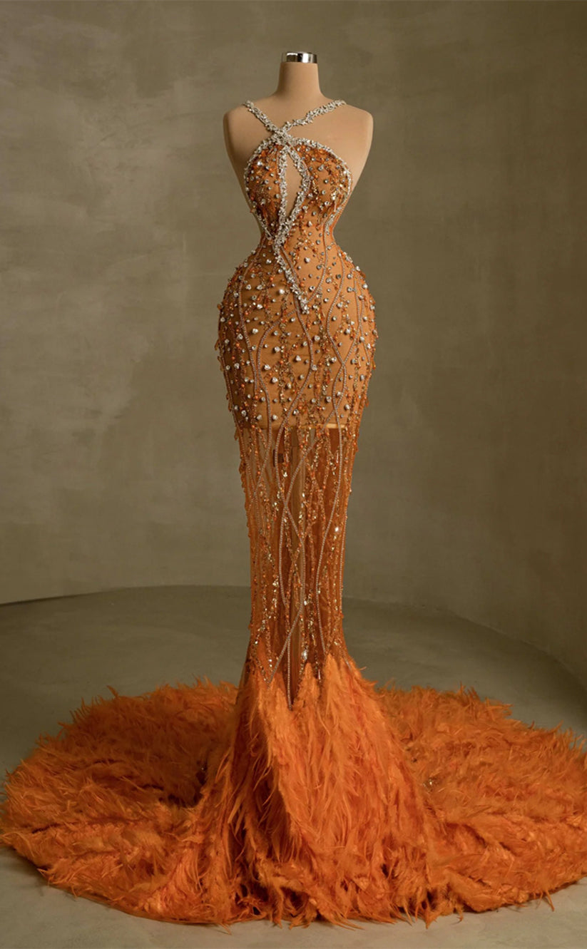 RP251-Orange Trumpet Halter Beads Crystals Feather Prom Evening Dresses Formal Party Gowns