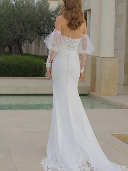 Ivory Mermaid Wedding Dresses Sweetheart Appliques Detachable Long Sleeves Satin Court Train Bridal Gowns Custom Made