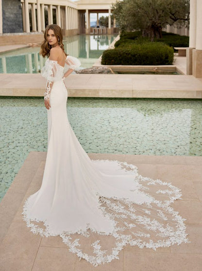 Ivory Mermaid Wedding Dresses Sweetheart Appliques Detachable Long Sleeves Satin Court Train Bridal Gowns Custom Made