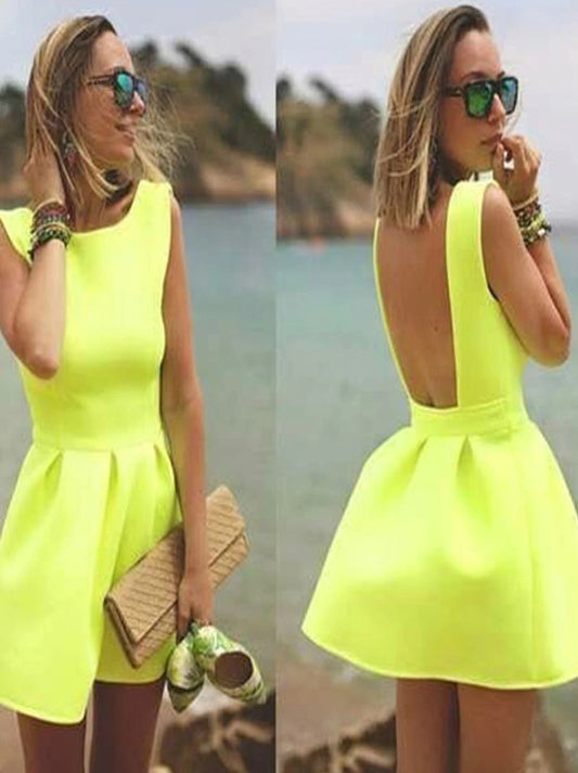 Simple Bright Yellow Mini Short Scoop Backless Satin Homecoming Dress Graduation Dress Evening Gown Formal Party Dresses Custom