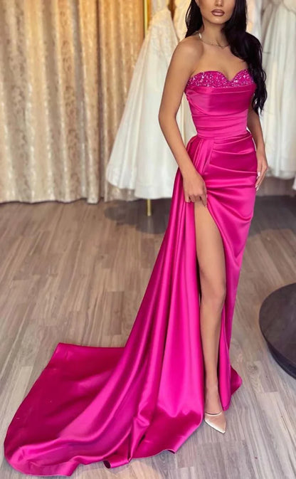 RP1511-Gorgeous Fuchsia Mermaid Sweetheart Beaded Ruched Sleeveless Satin Prom Evening Dresses Formal Party Gowns With Slit