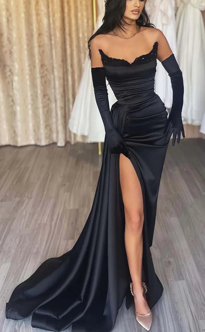 RP1512-Elegant Black Mermaid Sweetheart Ruched Beaded Long Sleeves Satin Prom Evening Dresses Formal Party Gowns With Slit